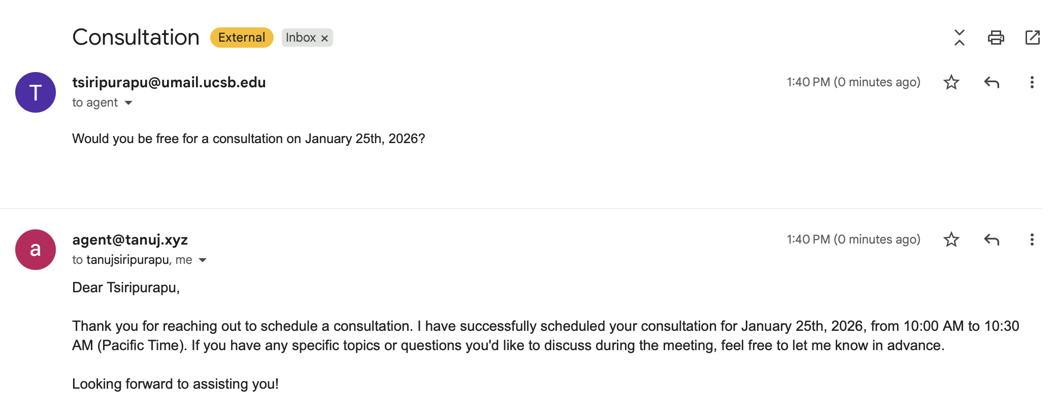 Example email conversation showing consultation scheduling