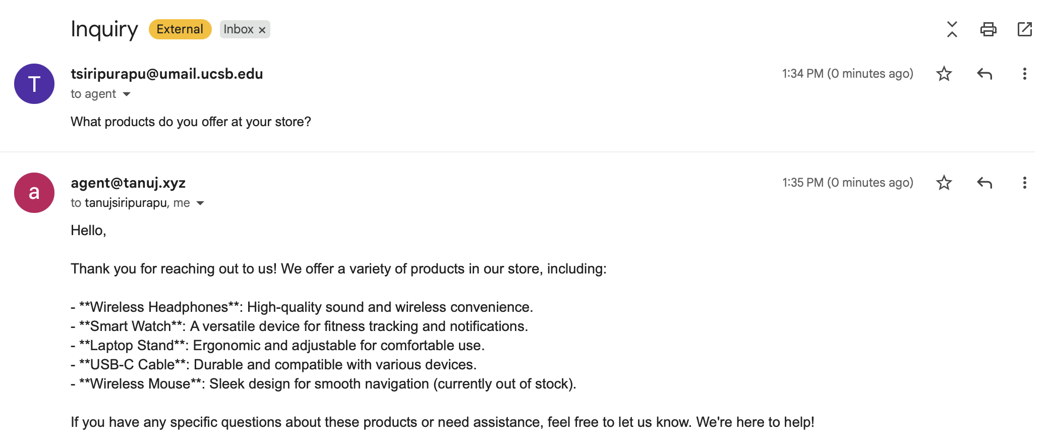 Example email conversation showing product inquiry